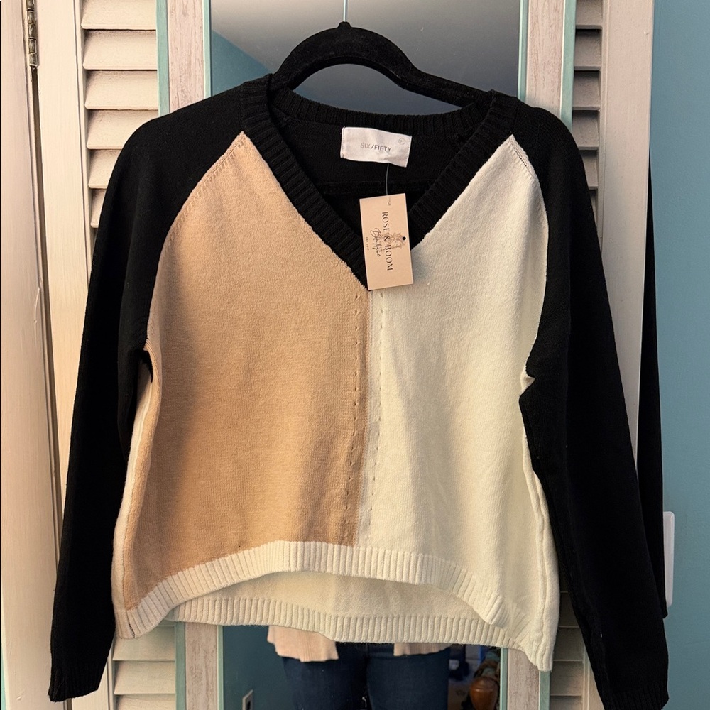 Six Fifty Colorblock Addison V-Neck Sweater - Black, Cream & Tan